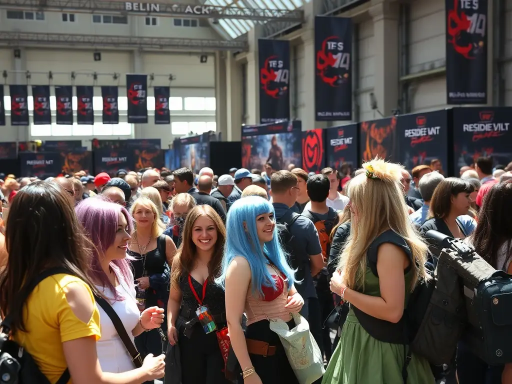 A photograph of attendees dressed in elaborate cosplay at a Geeky Market event, showcasing the creativity and dedication of the cosplay community. The background features event decorations and a bustling crowd.