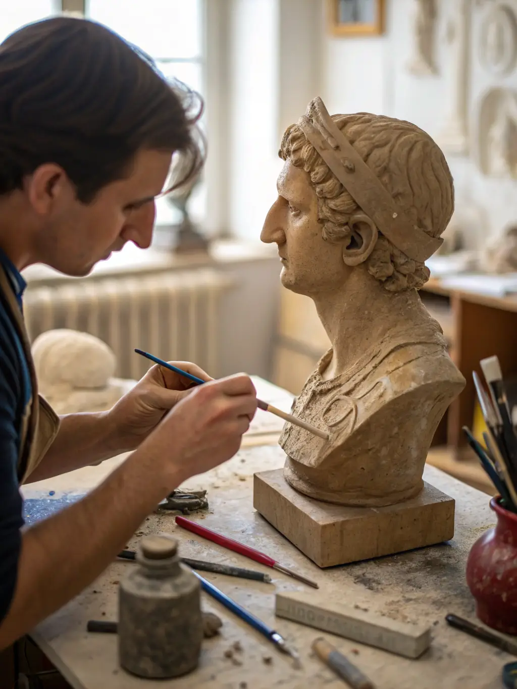 A close-up shot of an artist's hands meticulously crafting a detailed miniature figurine at a Geeky Market event, showcasing the skill and dedication behind handmade items.