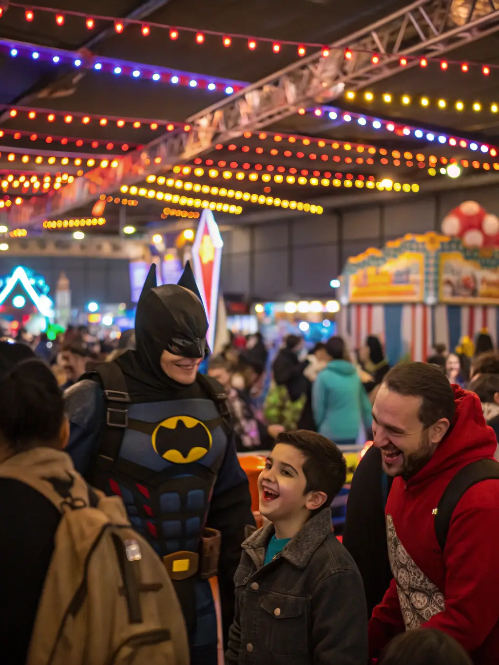 A group of cosplayers and attendees laughing and interacting in a designated cosplay meetup area at a Geeky Market event, emphasizing the sense of community and shared passion.