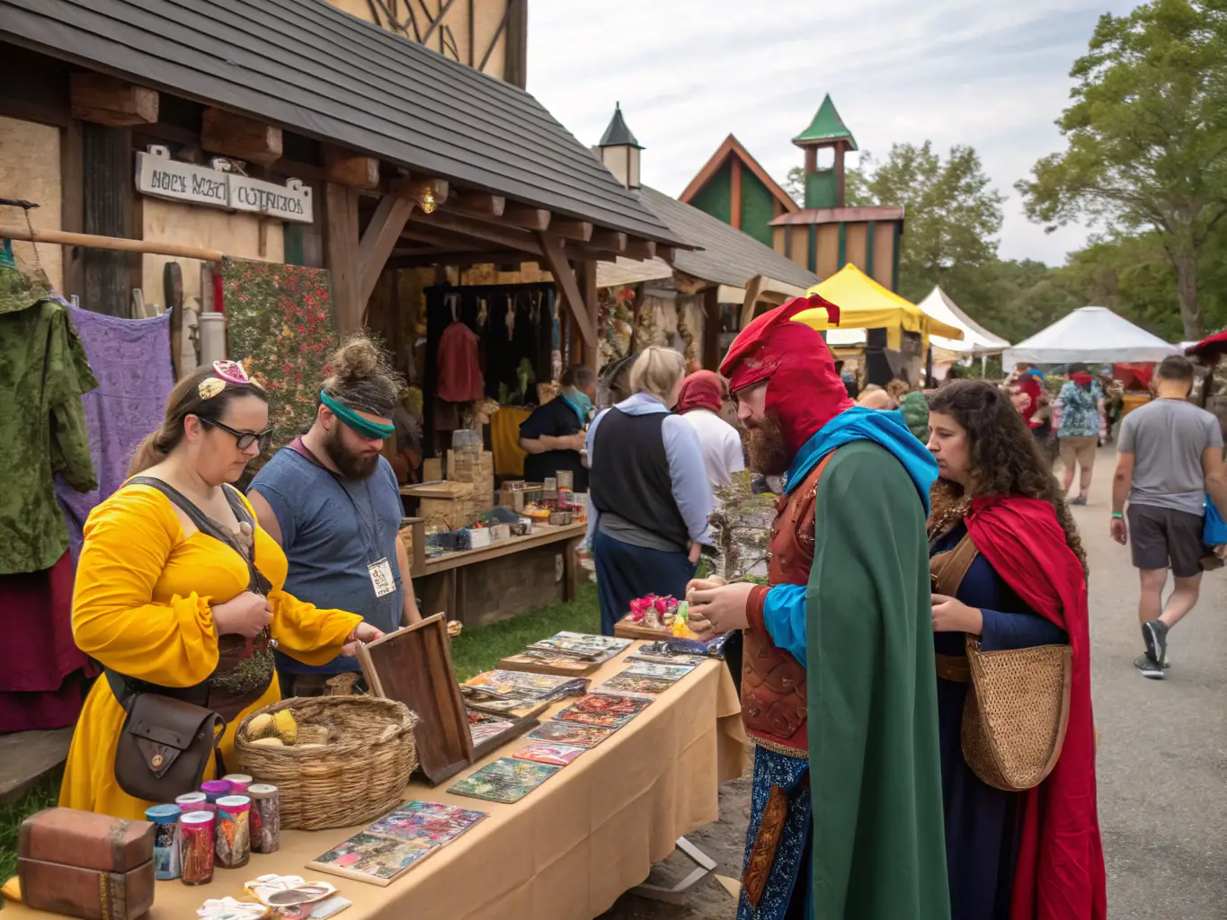 A photograph capturing the vibrant atmosphere of a Geeky Market event, showcasing diverse vendors displaying handmade crafts and geek-inspired merchandise. Attendees are dressed in cosplay, interacting with vendors and enjoying the lively environment.